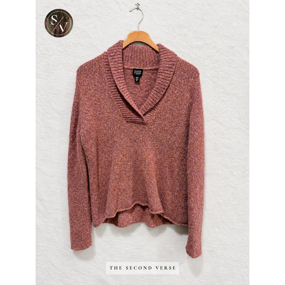 Eileen Fisher Petite Merino Wool Shawl Collar Marled Knit Sweater Pink PL
